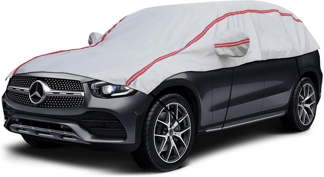 Half Car Cover Top SUV, Windshield Cover for Ice and Snow with Cotton Liner, Hail Protector Car Cover Waterproof All Weather for Snow, Sun, Rain, Dust, UV Protection Fit SUV L