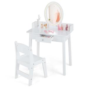 Kids Vanity Set with Lighted Mirror Chair 2 Color LED Lighting Makeup White