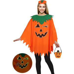 Halloween Pumpkin Costume for Women Kids,Glow in the Dark Adult Halloween Costume with Poncho,Headband & Bag (one-size)