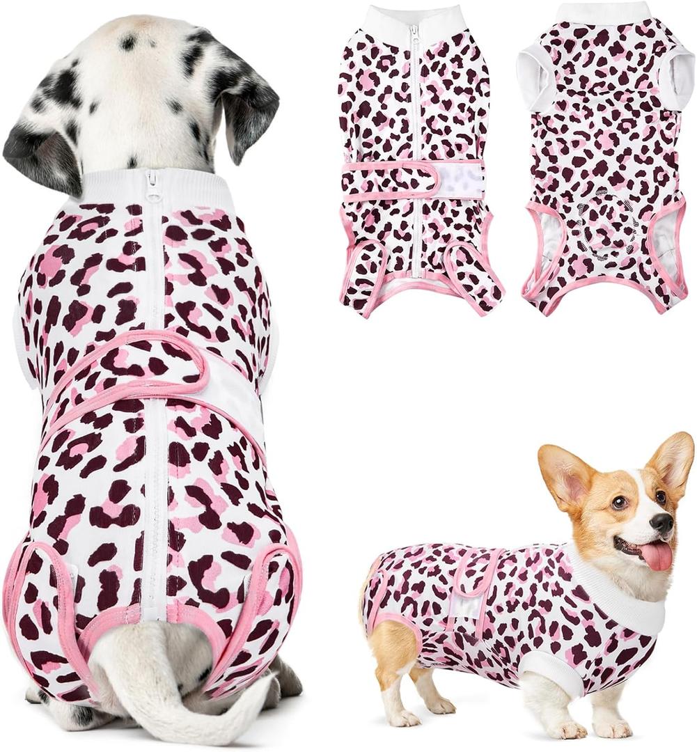 SlowTon Recovery Suit for Dogs - Dog Surgery Suit Female Spay Male Neuter, Dog Surgery Recovery Suit with Zipper, Pet Surgical Onesies Bodysuit Abdominal Wound Bandages (Pink Leopard, S)