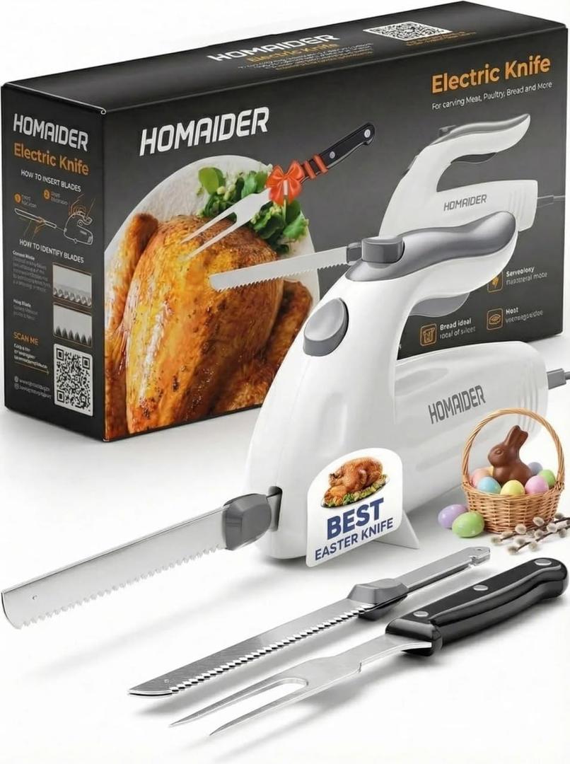 Electric Knife for Meat Slicing, Turkey, Carving Meat, Bread & More | Ergonomic Handle + 2 Carving Reciprocating Stainless Steel Blades and Serving Fork Included, 6 Foot Cord