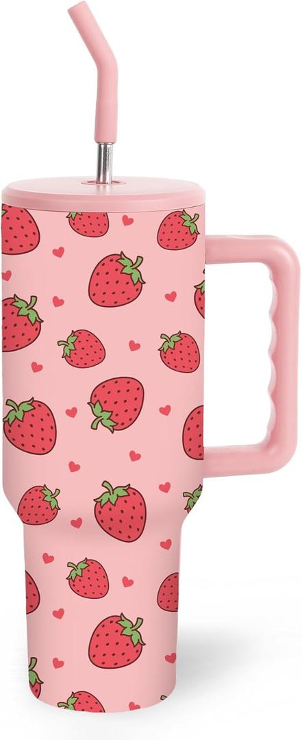 40oz Strawberry Tumbler with Lid Straw Handle Pink Red Cute Strawberry Water Bottle Stainless Steel Travel Mug Tumbler Cup for Iced Coffee Women Girl Birthday Party Favor, 1Pack