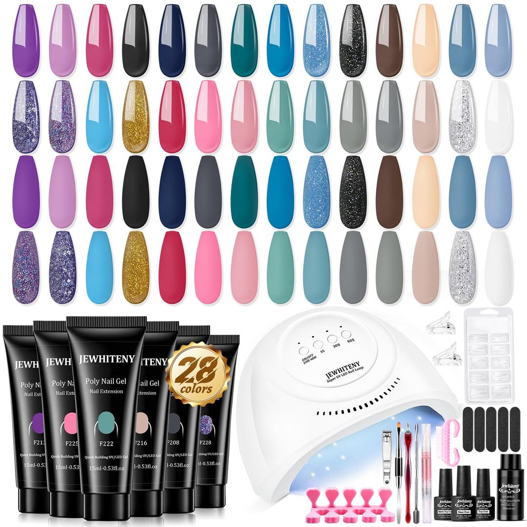 JEWHITENY 28 Colors Poly Nail Gel Kit with Base Top Coat Purple Blue Yellow Nude Pink Glitter Shades Quick-Dry for Beginners DIY Need U V Lamp Curing