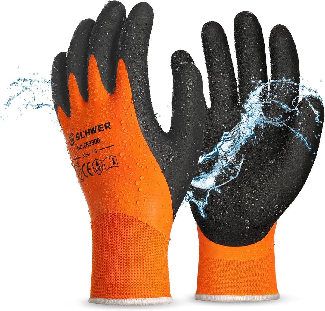 Schwer 2 Pairs Waterproof Work Gloves for Men and Women CR3306, Gardening Gloves with Double Latex Coated, Non-slip Working Gloves, Outdoor Construction, Car and Fish Cleaning, No Fleece Lining, S