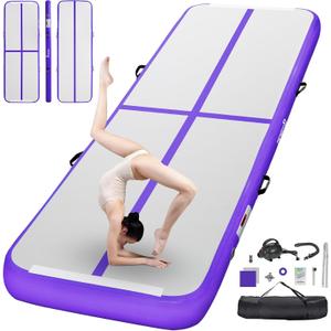 FBSPORT Inflatable Air Gymnastics Mat Training Mats 4/8 inches Thickness Gymnastics Tracks for Home Use/Training/Cheerleading/Yoga/Water with Pump (10ft*3.3ft*4in(3*1*0.1m), Purple)