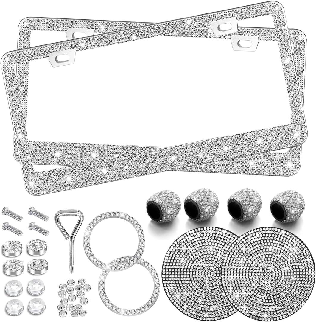 White Bling License Plate Frame 2 Packs Sparkly Rhinestone License Plate Holder Glitter Bedazzled Crystal Car License Plate Frame