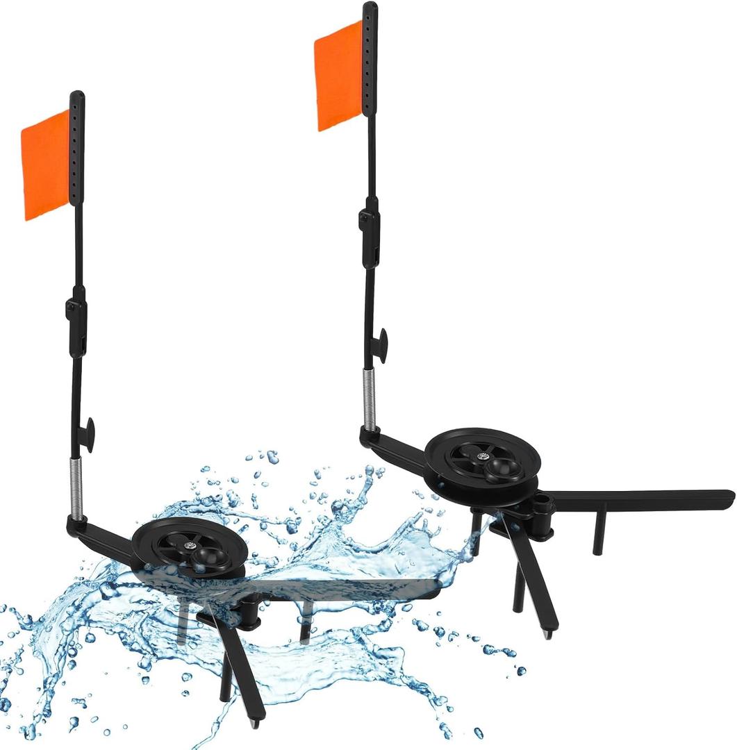 2 Pcs Ice Fishing Tip Ups Equipment Gear Ice Fishing Rod Foldable with Orange Pole Flags Round Tip Ups Strike Indicators for Angler Tackle Accessory