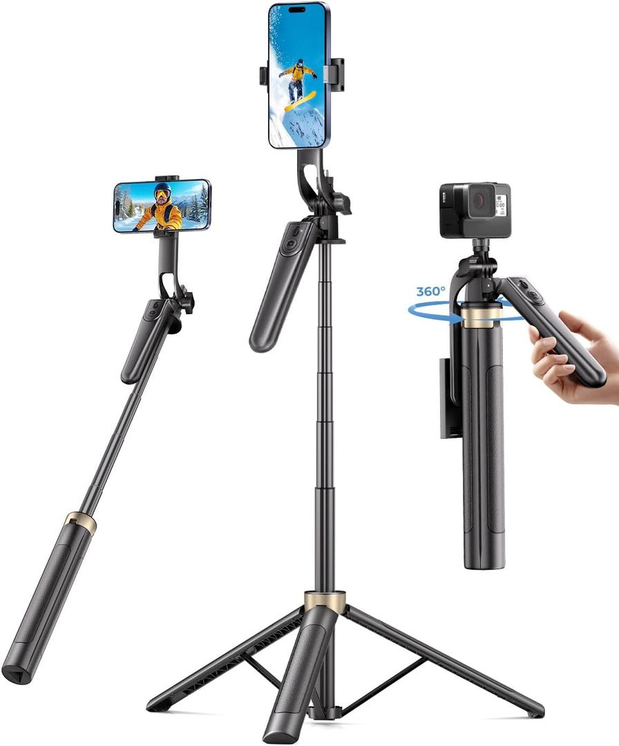 72" Phone Tripod, Tripod for iPhone with Wireless Remote Control, Portable Selfie Stick for iPhone, Live Streaming, Video Recording, Compatible with Cell Phones, Cameras (Black)