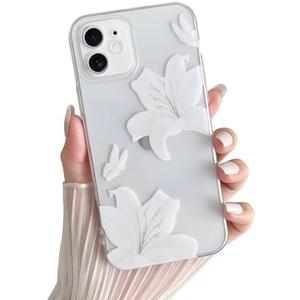 Skyseaco for iPhone 12 Case, Clear Cute Butterfly Lily Floral Flower Phone Case for Women Girls, Clear Slim Camera Lens Shockproof Protection Phone Cover, White Pack of 3