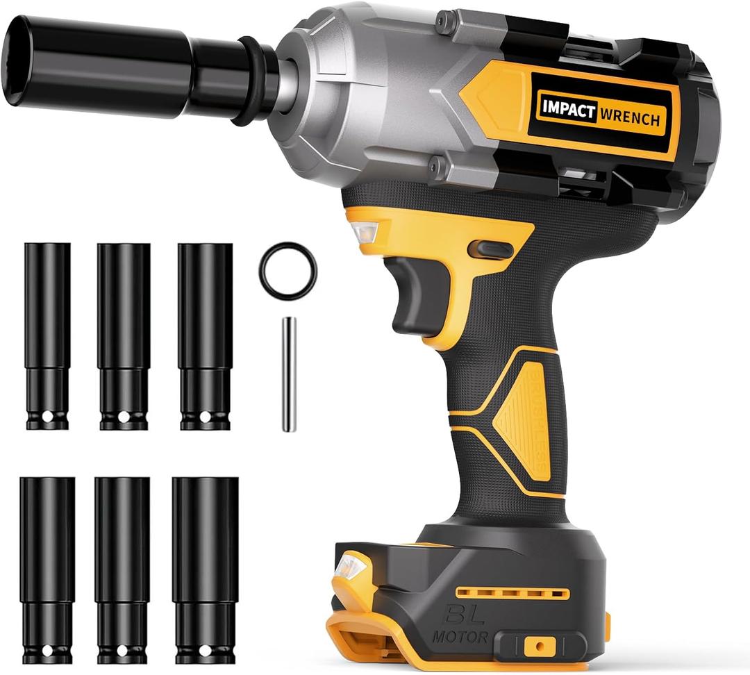 1200N.m Impact Wrench for DeWalt 20V Battery (no battery), 20V 1/2 Cordless Impact Gun, 900Ft-lbs Electric Impact Driver with 3-Speed Control, 6 Pcs Impact Sockets Included, Tool Only