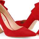 Zzheels Women's Bow High Heels Closed Toe Heels with Bow Chunky Heels Bridal Wedding Shoes Red Suede US Size 6