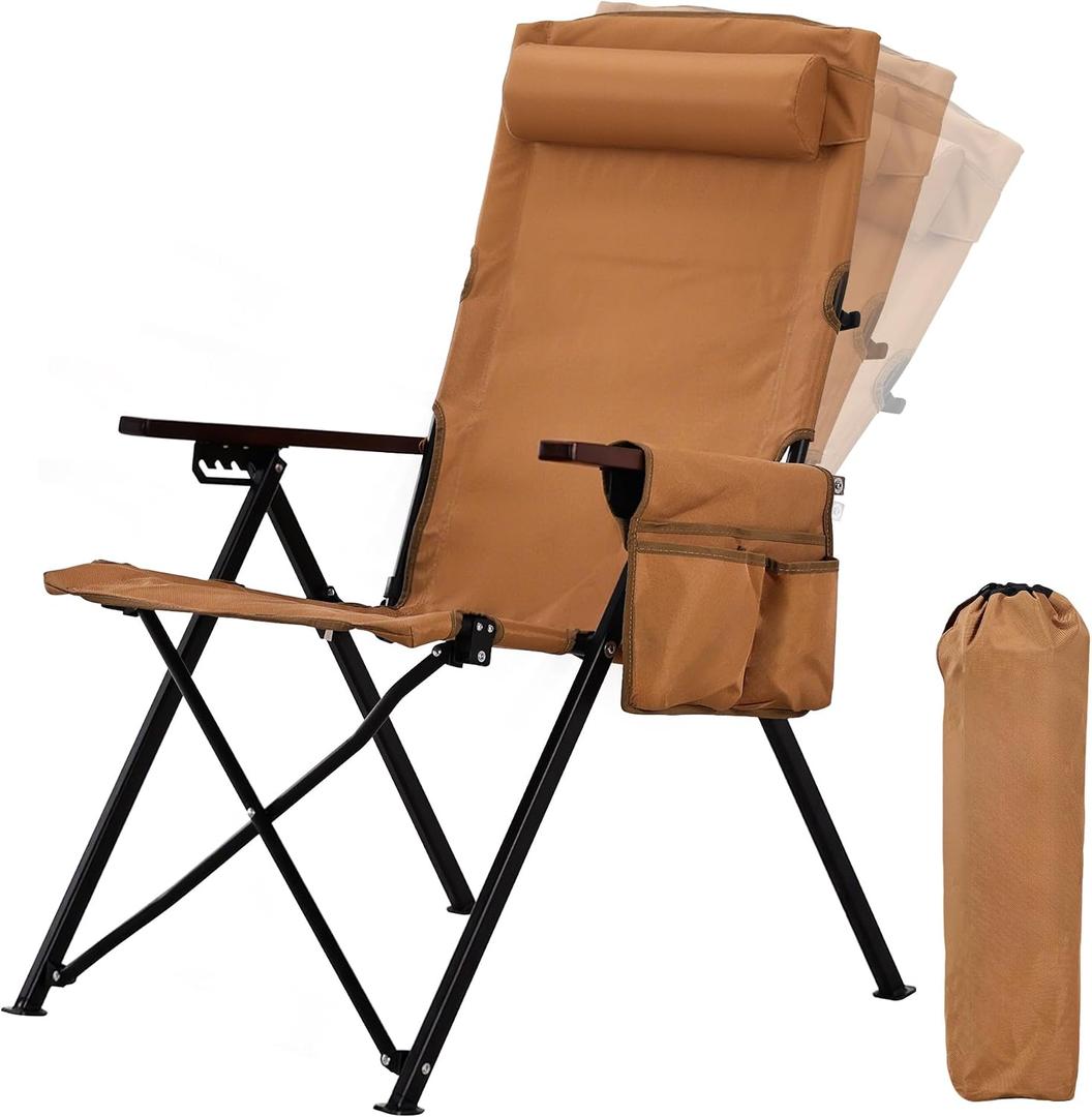 Camping Chairs for Adults-Adjustable 95°-135° Hign Back Heavy Duty Folding Lawn Chairs with Detachable Headrest, Side Pocket, Hold Up 300 Lbs, Yellow