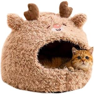 Cat Bed for Indoor Cats Large Cat Bed Cave Durable Cat Tent Bed with Removable Washable Cushion for Pet Cats and Dogs (Deer Style, L (20.9 X 20.9 X 15.7 Inch))