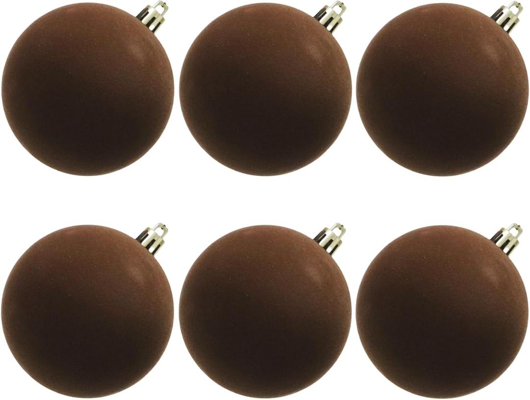 Senjie 4inch Velvet Christmas Ornaments Balls Sets for Christmas, 6pcs Multicolor Xmas Tree Flocked Shatterproof Ornaments Balls Decoration Brown