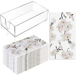 Outus 100 Pcs Floral White Magnolia Paper Guest Towels 2 Ply with Acrylic Napkin Holder, Disposable Decorative Paper Towels 4.3 x 7.8 Inches Hand Napkins with Tray for Bathroom Powder Room