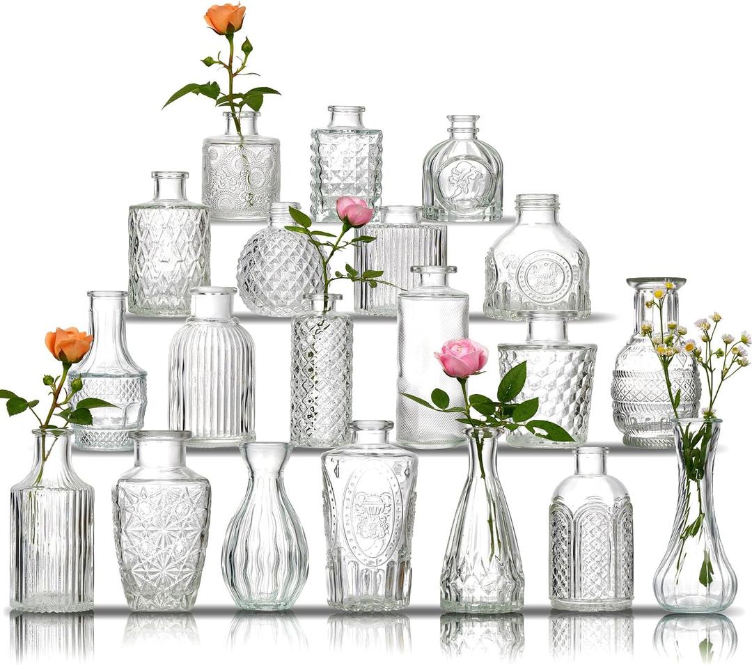 Glass Bud Vase Set of 20 - Small Vases for Flowers in Bulk - Assorted Vintage Crystal Vases for Flowers, Table Centerpieces (Clear, 20 Pcs)
