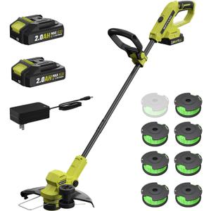 SEYVUM String Trimmer, 20V 12-inch Cordless Weed Wacker with Auto Line Feed, 2 X 2.0Ah Battery Powered Lawn Edger with 8 Pcs Grass Cutter Spool Line, Fast Charger Included, Lemon Green
