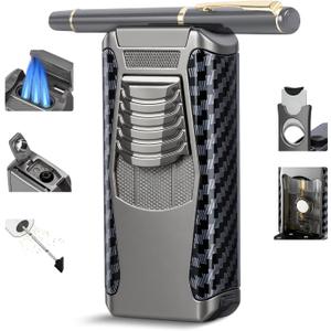 SOMGEM 5-in-1 Torch Lighter, Windproof Triple Jet Flame Butane Lighter with Built-in Cutter, Punch, Draw Enhancer and Holder Function, Refillable and Adjustable, Mens Gifts (Sold Without Gas)