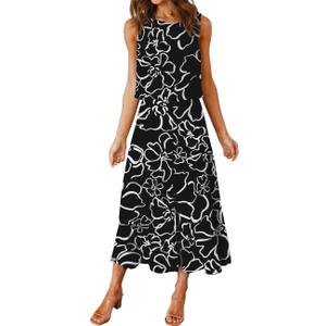 ROYLAMP Women's Summer 2 Piece Outfits Round Neck Crop Basic Top Cropped Wide Leg Pants Set Jumpsuits Black Floral M