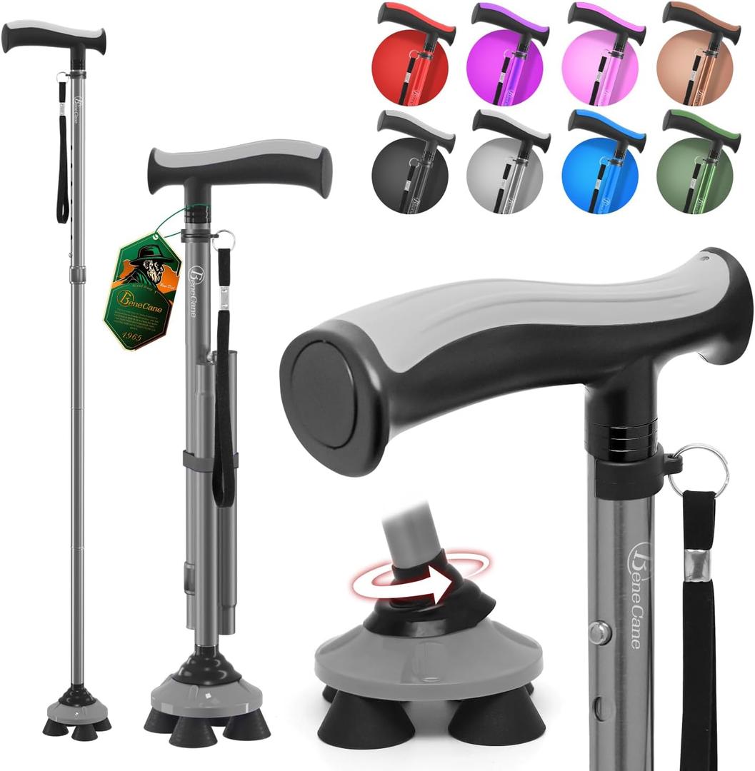 BeneCane Walking Cane for Men & Women Walking Stick for Seniors Folding Canes Quad Cane Adjustable Lightweight Sturdy Collapsible Heavy Duty with Soft TPR T-Handle and Travel Bag