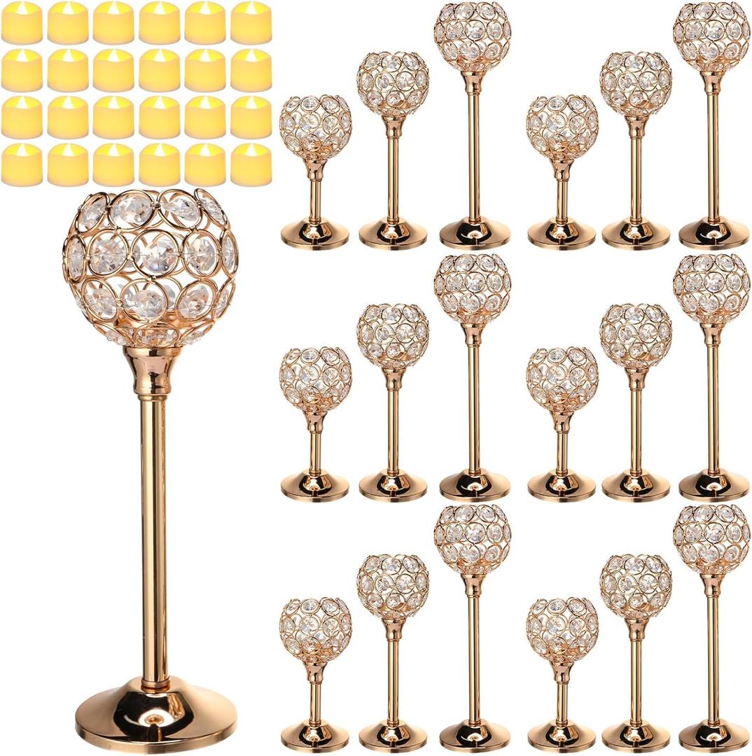 Hushee 42 Pcs Crystal Candle Holders with LED Tea Lights Candles Bulk Decorative 3 Sizes Candlestick Holders for Table Centerpieces, Home Decor, Weddings, and Housewarming Gifts(Gold)