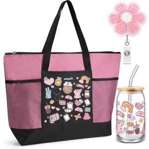 Dunzoom 3 Pcs Nurse Gifts for Women Rn Nurse Tote Bag 17oz Tumbler Badge Reel Appreciation Gifts Set for Nurses Female Coworkers Office Obgyn Emergency Student Gynecologist Cna