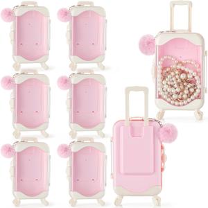 LemonRoad 12 Pcs Mini Empty Suitcase Gift Box and Plush Ball Keychain Clear Candy Luggage Storage Containers Suitcase Packaging Case for Wedding Birthday Bridal Party (Pink)