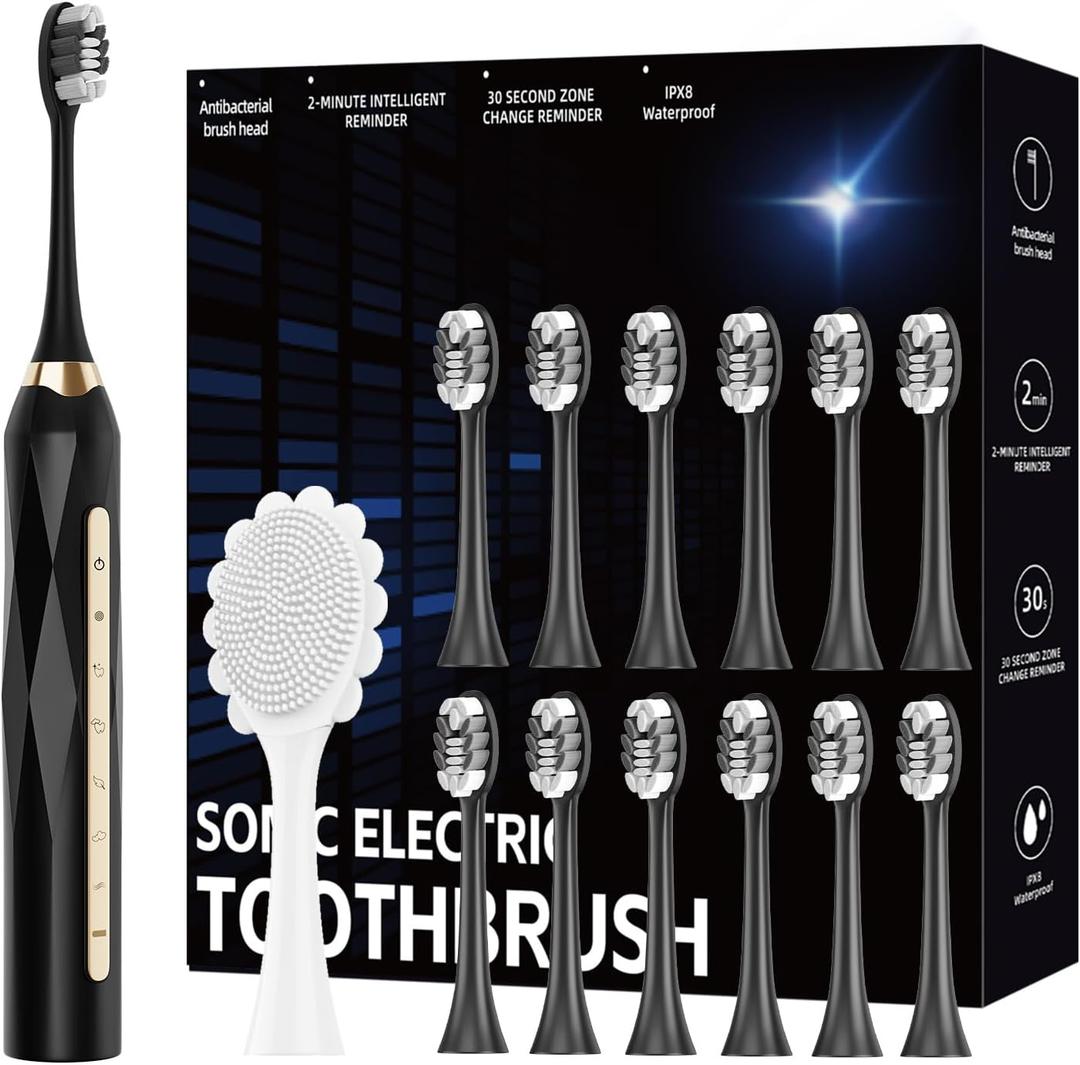 molux Electric Toothbrush Set, Equipped with 12 Brush Heads and 1 face Brush Head, IPX8 Waterproof, 42000 high-Frequency Vibration, Ultra Whitening Toothbrush for Adults, Black molux Electric Toothbrush Set, Equipped with 12 Brush Heads and 1 face Brush Head, IPX8 Waterproof, 42000 high-Frequency Vibration, Ultra Whitening Toothbrush for Adults, Black