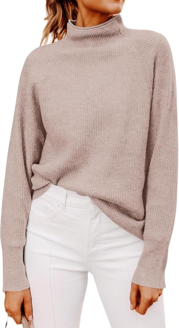 Yousify Womens Ribbed Mock Neck Batwing Sleeve Sweater Loose Knitted Pullover Sweaters Jumper Tops (Medium, 1- Oat)