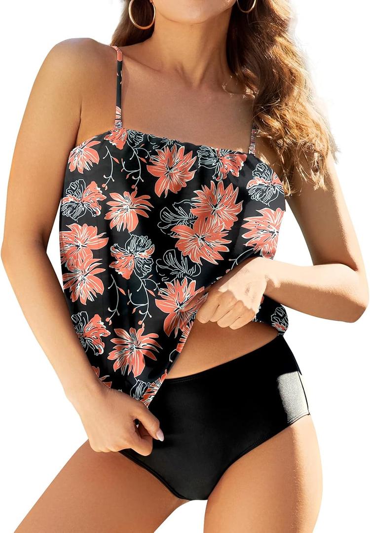 Two Piece Bandeau Tankini Swimsuits for Women Loose Blouson Swim Top with Bikini Bottom Tummy Control Bathing Suits (Small, Black Orange Flower)