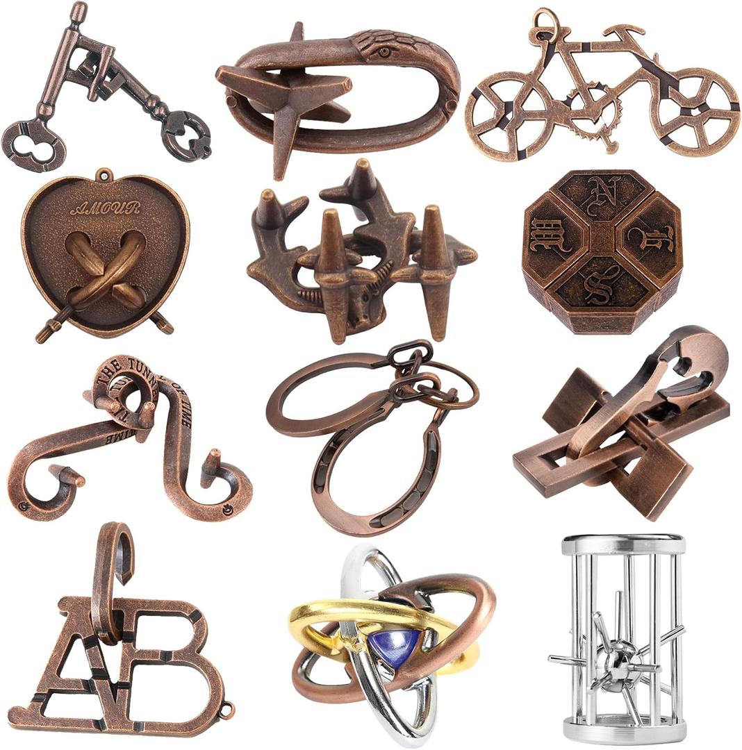 12Pcs Brain Teaser Puzzles for Adults and Teens, 3D Metal Puzzle Set with Various Difficulty Levels, IQ Logic Challenge Disentanglement Game, Fun Handheld Brain Teasers for Focus, Gifts for Boys Girls