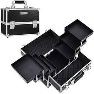 FRENESSA Makeup Train Case Makeup Case 11.8 Inch Large Cosmetic Box Organizer Travel Storage Professional Make Up Train Carrying Case with 6 Trays Locking Hard Vanity Storage Black