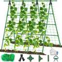 A-Frame Cucumber Trellis for Raised Bed - 63H x 47W, Heavy-Duty Detachable Garden Trellis with Netting & Clips, Support for Climbing Outdoor Cucumber, Tomatoes, Luffa, Bitter Melon, Vining Flowers