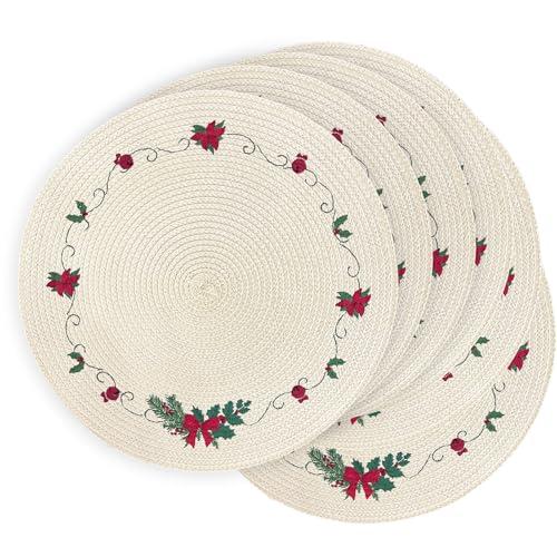 LaneVines Christmas Placemats Set of 6 Round Placemats Christmas, Embroidered Table Place mats, Holiday Decorations for Kitchen Dining Table Mats Plate Chargers