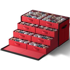SONGMICS Large Christmas Ornament Storage Box, with Side Open, Stackable Christmas Storage Container with Lid, 8 Drawer Trays, 600D Oxford, 3-Inch 128 Slots, Cherry Red URFB038R01