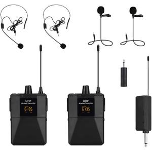 2.4G Wireless Microphone System2 Headset/Lavalier Mic with Portable Receiver&Bodypack Transmitters, 30 Frequency Channels, 50m Range for Teachers, Public Speaking, Singing, Karaoke