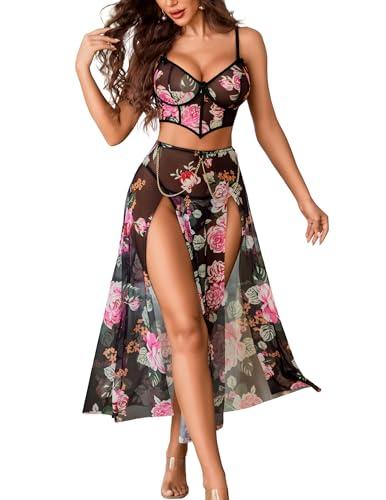 Avidlove Women Lingerie Babydoll Chemise 3 Piece Set Mesh Side Split Nightgown L