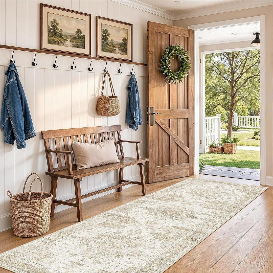 Washable 3x8 Runner Rug: Non Slip Vintage Beige Entryway Area Rug
