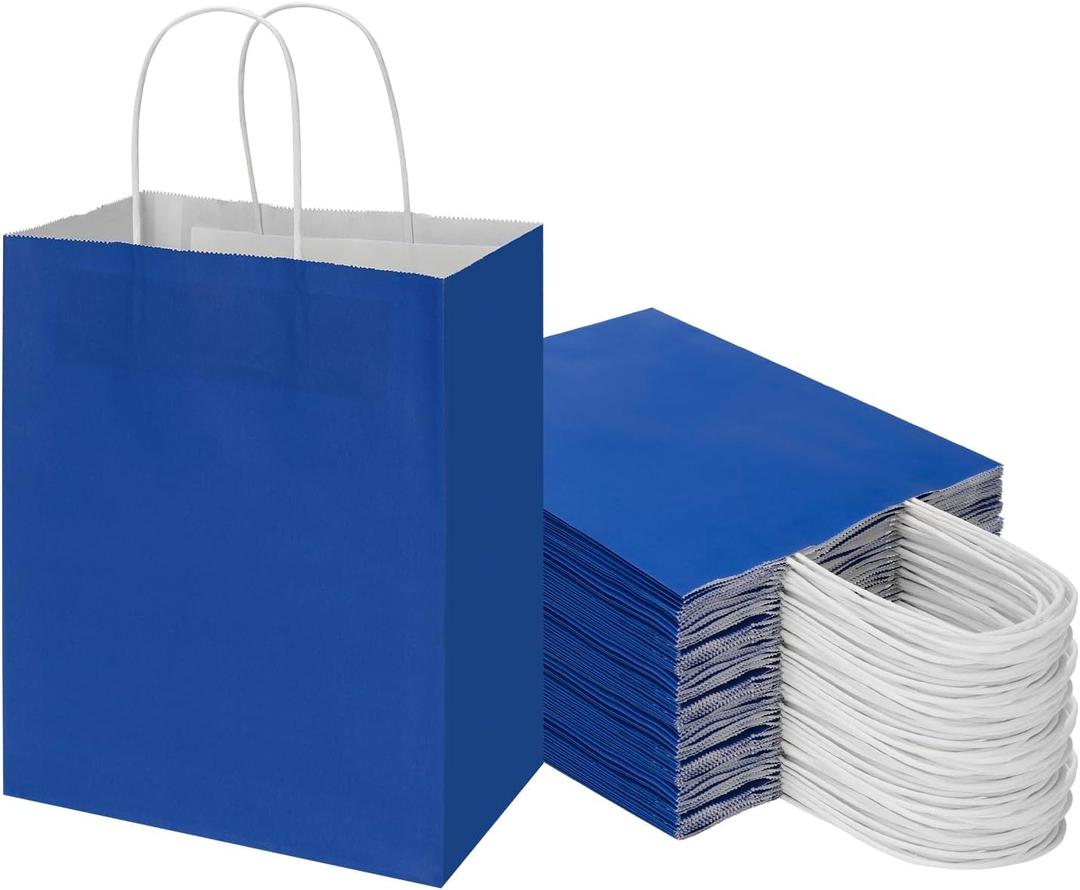 Toovip 50 Pack 8x4.75x10 Inch Medium Royal Blue Kraft Paper Bags with Handles Bulk, Gift Wrap Bags for Favor Grocery Retail Party Birthday Shopping Business Goody Craft Merchandise Take Out sacks