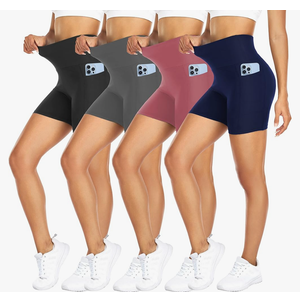 FULLSOFT 4 Pack Biker Shorts for Women with Pockets – 5" High Waisted Tummy Control Workout Yoga Running Gym Tennis Shorts, size L- XL
