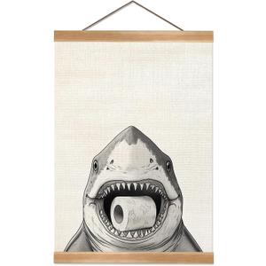 2 x ZTGDA Funny Shark Bathroom Wall Art, 12x16 Inch Linen Hanging Poster, Toilet Paper Humor Decor for Restroom, Quirky Shark Canvas Sign for Guest Bath, Handmade Gag Gift for Bathroom Decor (Shark-02)