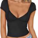 Trendy Queen Womens Summer V-Neck Backless Cute Tops Short Sleeve Sexy Slim Fit T-Shirts Y2K Clothes Corset Cami 2025 (Small, Black)