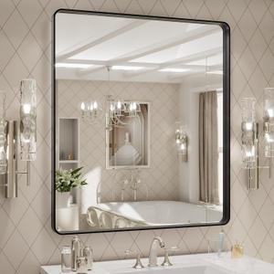LOAAO 32x36 Inch Black Metal Framed Bathroom Mirror for Wall, Matte Black Bathroom Vanity Mirror Farmhouse, Large Rounded Rectangle Mirror, Anti-Rust, Tempered Glass, Hangs Horizontally or Vertically