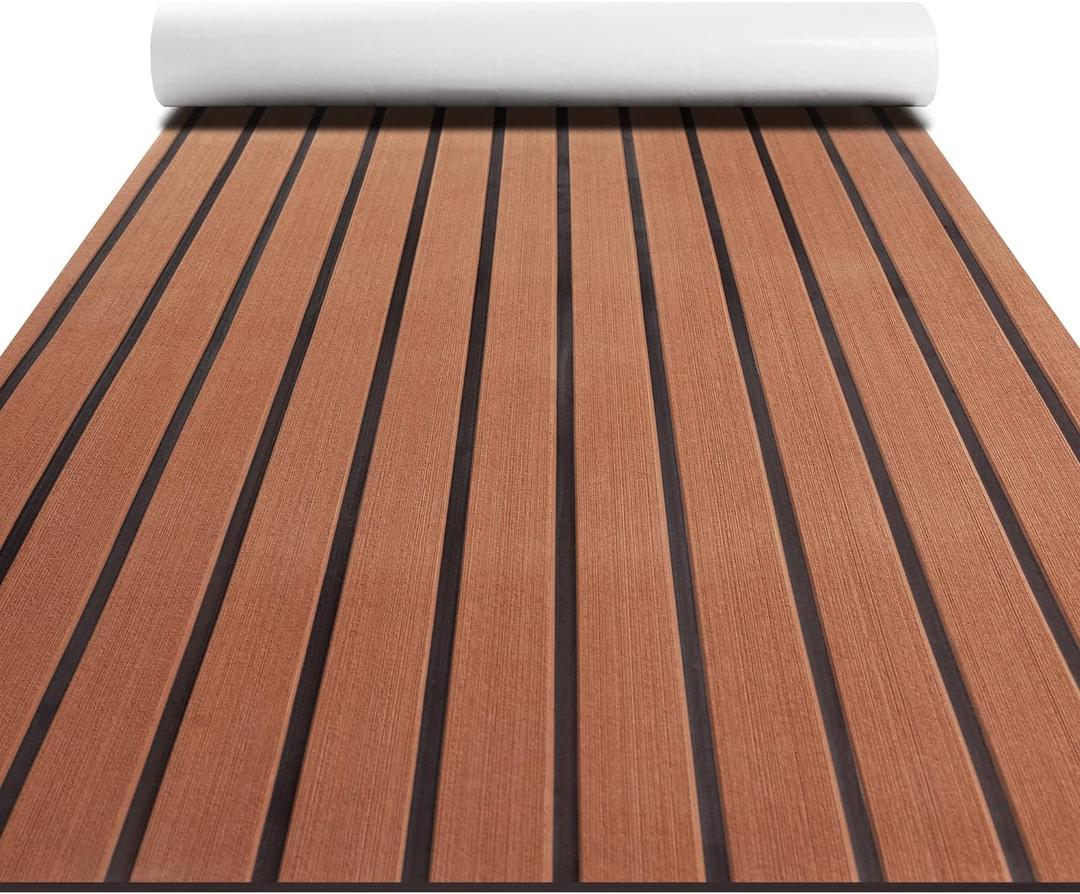 Fullfire Boat Flooring - EVA Foam Boat Decking - Faux Teak Marine Mat Self-Adhesive Marine Carpet for Motorboat RV Yacht Kayak 94" x 47"/35"/16" (Brown With Black Lines)