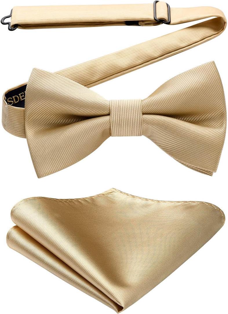 HISDERN Mens Bow Ties Solid Color Pre Tied Bowtie and Pocket Square Set Classic Formal Tuxedo Bowties for Wedding Party (03-champagne)