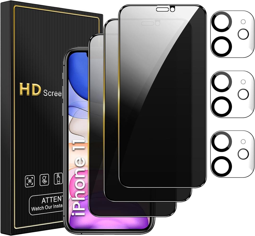 Romkasi 3 Pack Privacy Screen Protector for iPhone 11 6.1 Inch with 3 Pack Camera Lens Protector, Anti Spy Tempered Glass Film, Anti-Scratch, Touch Sensitive, Case Friendly