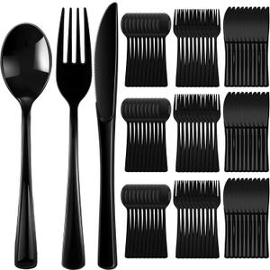 Minatee 150 Pieces Disposable Cutlery Set Plastic Silverware Heavy Duty Utensil Sets 50 Forks 50 Knives 50 Spoons for Home Office School Party Picnics Restaurant Outdoor Events(Black)