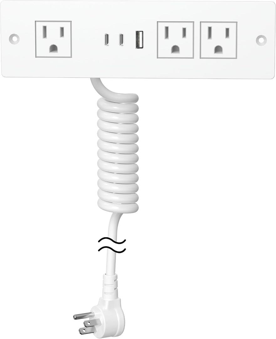 Furniture Drawer Outlet, Recessed Power Strip with (3) PD 20W USB Ports Fast Charging & (3) 15 Amp AC Outlets, (14 AWG) 5 FT White Spring Cord