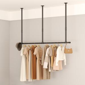 Industrial Pipe Clothing Rack Heavy Duty, Ceiling Mounted Clothes Rack, Black Garment Bar, Wall Mounted Hanging Rod for Space Saving,Black,62inch