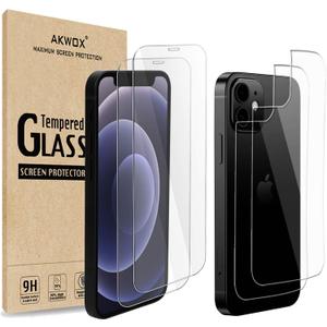 (4-Pack) Tempered Glass Screen Protectors for iPhone 12 Mini 5.4-inch with Back Covers, Akwox 9H Front Screen Protector and Back Screen Protector for iPhone 12 Mini (5.4" Display, 2020)